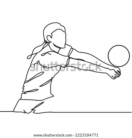 Continuous line drawing of female professional volleyball player with ball isolated on white background. Hand drawn single line vector illustration