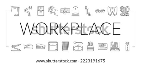 Workplace Accessories And Tools Icons Set Vector. Workplace Desk Organizer And Monitor Arm, Stapler And Tape Dispenser Stationery, Table Phone Holder And Wireless Charger Black Contour Illustrations