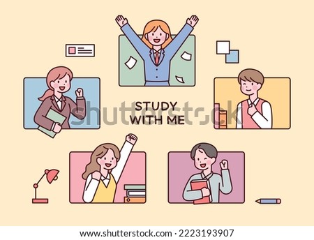 Students in school uniforms are making positive gestures in their square frames. outline simple vector illustration.