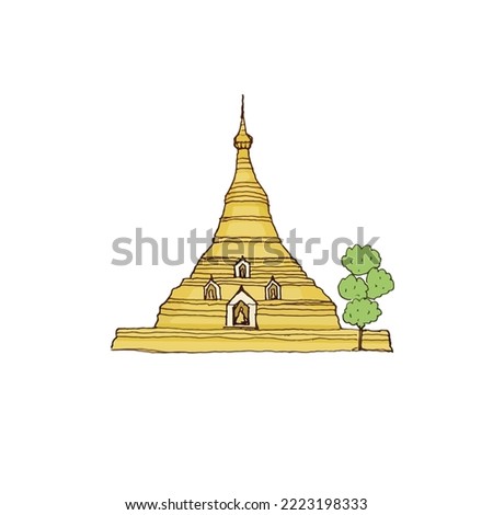 Thai pagoda in golden color, freehand drawn style, white background