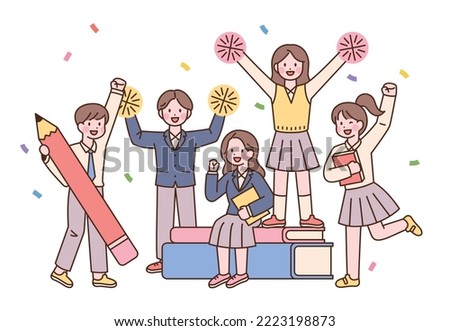 Cute students in school uniforms are cheering on the big books and pencils. outline simple vector illustration.