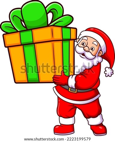 The happy santa claus is holding the big box gift for the church gift of illustration