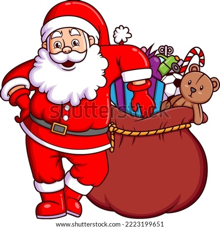 The santa claus is preparing the a sack of christmas gift for the christmas night of illustration