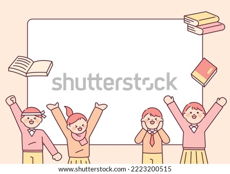 Student characters with cute faces. They are throwing books up and having fun. outline simple vector illustration.