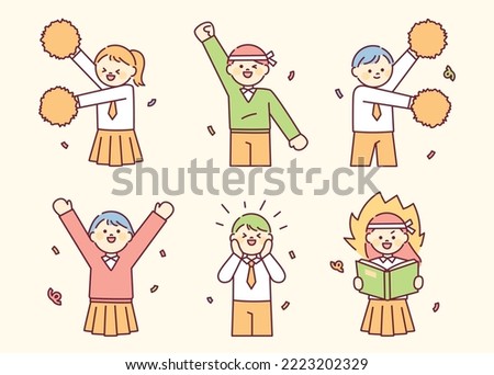 Cute students in school uniforms are cheering happily. outline simple vector illustration.