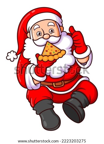 The hungry santa claus is eating delicious pizza and giving a thumb up of illustration