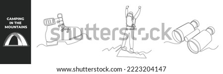 Continuous one line drawing summer camp set concept. Travel boots, Happy boy rising hand with back bag and binoculars. Single line draw design vector graphic illustration.