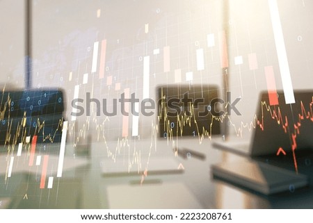 Multi exposure of abstract creative financial graph with world map and modern desktop with computer on background, forex and investment concept