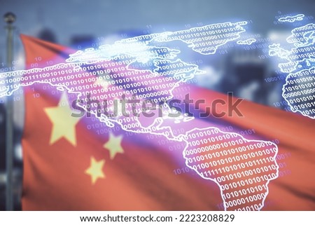 Virtual digital map of North America on flag of China and blurry skyscrapers background, international trading concept. Multiexposure