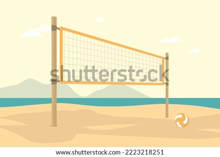 Beach volleyball court with an ocean background design vector flat modern isolated illustration