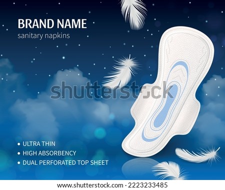 Feminine hygiene poster with sanitary napkin on night sky background realistic vector illustration Royalty-Free Stock Photo #2223233485