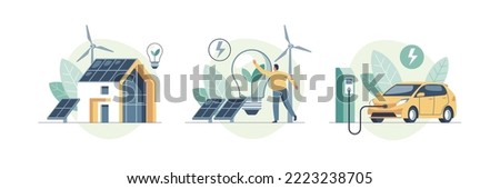 Environmental care and use clean green energy from renewable sources concept. Modern eco house with windmills and solar energy panels, electric car near charging station. Vector illustration. Royalty-Free Stock Photo #2223238705