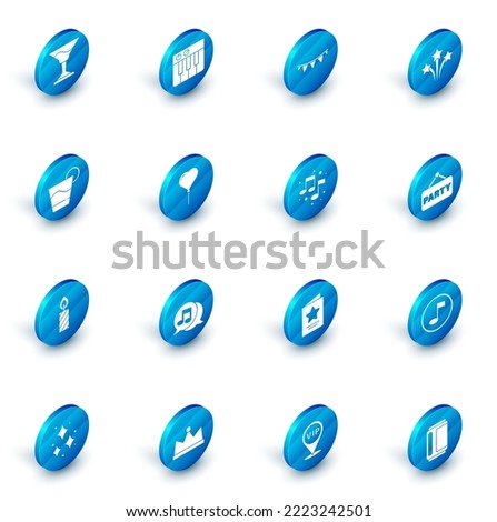 Set Music synthesizer, Carnival garland with flags, Firework, Cocktail, Birthday cake candles, Balloon in form of heart, Signboard party and note, tone icon. Vector