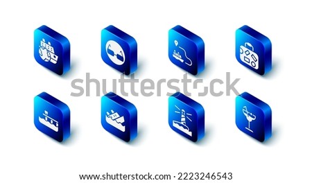 Set Glasses, Ship line path, Suitcase, Cocktail, Lighthouse, Sinking cruise ship, Beach pier dock and Cruise icon. Vector