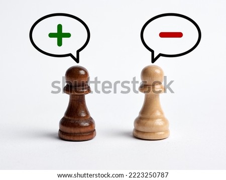 Dispute or discussion between two people about the pros and cons. Family conflict, couple disagreement and opposition problem. Positive and negative mindset. Pessimistic and optimistic. Royalty-Free Stock Photo #2223250787
