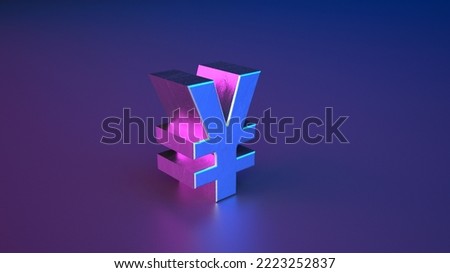 Large Pink-blue three-dimensional glitter Yen sign with metal coating on dark background