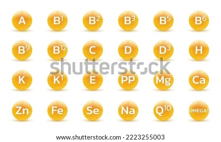 Vitamin, mineral 3d icon set. Nutrition, food supplement design. Multivitamin complex with C, B, E, D vitamins. Vector illustration. Royalty-Free Stock Photo #2223255003