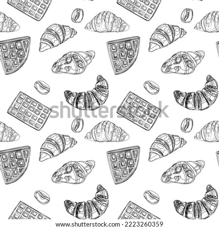 Croissants, waffles and coffee beans seamless pattern. Black and white pattern. For packaging, paper and backgrounds.