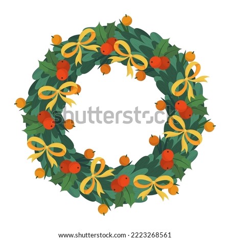 Isolated Christmas Tree Wreath, Winter Decoration of Plants, Fir or Pine Branches, Red Berries, Leaves and Gold Festive Bow. Design Element for Invitation or Greeting Card. Cartoon Vector Illustration