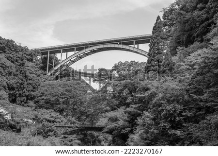 A black and white photo of three bridges, two modern and one ancient, over a deep mountain gorge in Japan.