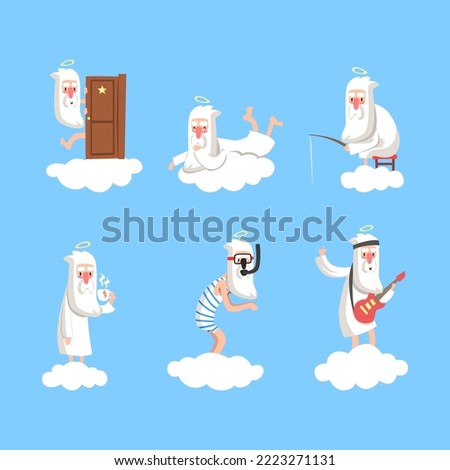 God Character with White Beard and Halo Creating in Heaven on Fluffy Cloud Vector Set