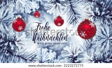 Christmas New Year's card with branches, baubles and text in German - Frohe Weihnachten und ein gutes neues Jahr