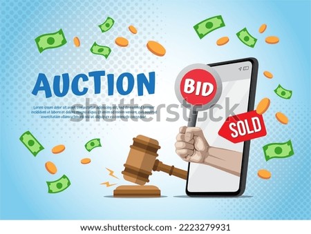 Hand holding auction paddle on smartphone. Auction online, vector illustration Royalty-Free Stock Photo #2223279931