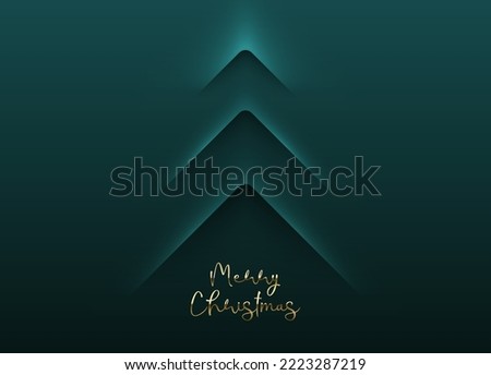 Green minimal Christmas card vector design. Simple background, elegant geometric minimalist style. Convex line spruce banner. Cut paper christmas tree, gold Merry Christmas text. Clean concept design