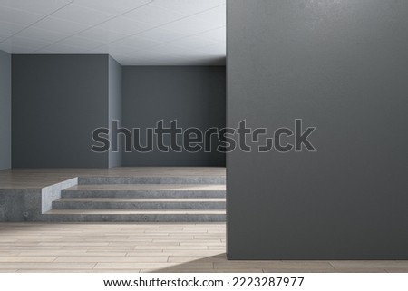 Minimalistic free form concrete geometric interior with stairs, wooden flooring and mock up place on wall. Architectural space concept. 3D Rendering