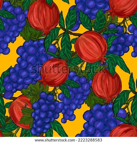 Creative seamless pattern with fruits: lemons, oranges, grapes and pomegranates. Oil paint effect. Bright summer print. Great design for any purposes