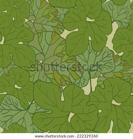 Seamless pattern with hand drawn pumpkin leaves in green colors. Clipping mask is used, vector illustration.