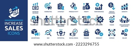 Increase sale icon set. Growth profit symbol. Business successful concept. Solid icon collection. Vector illustration. Royalty-Free Stock Photo #2223296755