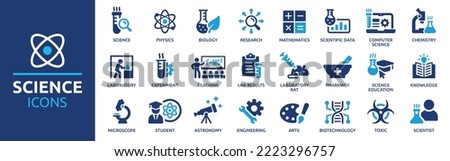 Science icon set. Containing biology, laboratory, experiment, scientist, research, physics, chemistry and more icons. Science education symbol. Vector illustration. Royalty-Free Stock Photo #2223296757
