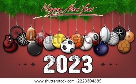 Happy New Year 2023. Soccer, football, basketball, tennis, baseball, volleyball, golf, bowling, billiard, cricket, rugby balls hanging on a Christmas tree branch. Vector illustration