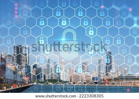 City view of Downtown skyscrapers of Chicago skyline panorama over Lake Michigan, harbor area, day time, Illinois, USA. The concept of cyber security to protect companies confidential information