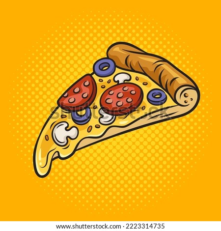 Slice of pizza pinup pop art retro vector illustration. Comic book style imitation.