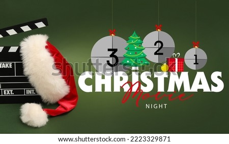 Banner with movie clapper and Santa hat on green background. Christmas celebration