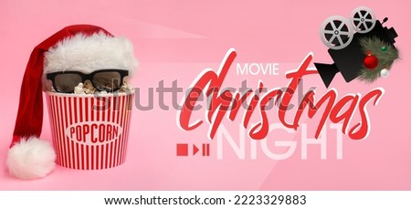 Banner with popcorn, Santa hat and 3D glasses on pink background. Christmas celebration