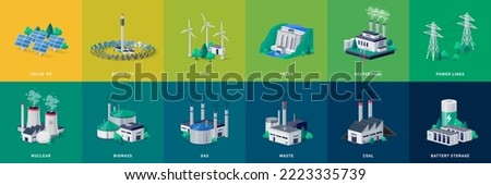 Electricity generation source types. Energy mix solar, water, fossil, wind, nuclear, coal, gas, biomass, geothermal and battery storage. Natural renewable pollution power line plant station resources. Royalty-Free Stock Photo #2223335739