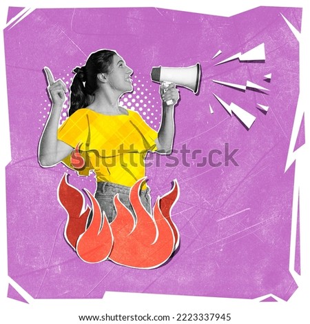 Contemporary art collage. Young girl shouting in megaphone expressing true information, fighting against fakes. Concept of mass media, freedom of speech, propaganda, news, information, creativity