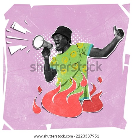 Contemporary art collage. Young african man shouting in megaphone over burning flame. Social equality issues. Concept of mass media, freedom of speech, propaganda, news, information, creativity