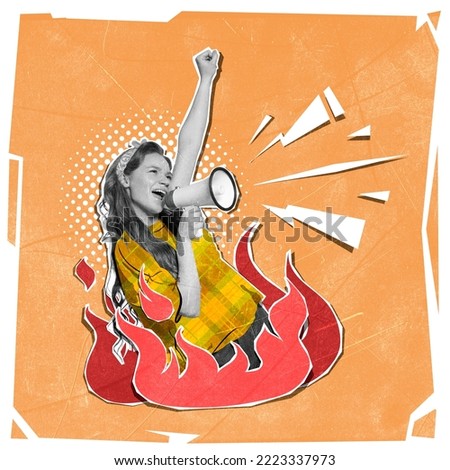 Contemporary art collage. Young emotive girl, student shouting in megaphone over burning flame. Equality and freedom of youth. Concept of mass media, freedom of speech, propaganda, news, information