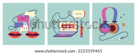 Set of icons for podcasts. Computer with record player, headphones and lips with speech bubble. The concept of voice recording and listening. Equipment for streaming or recording. Vector flat design
