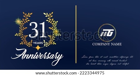 31st anniversary logo with elegant ornament monogram and logo name template on elegant blue background, sparkle, vector design for greeting card.