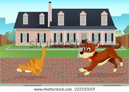 A vector illustration of dog chasing cat
