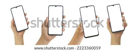 Collection of Male hand holding mobile smartphone with blank screen isolated on white background. clipping path include