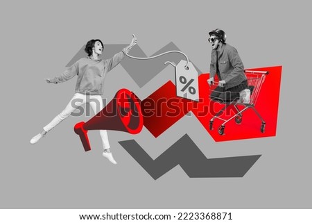 Creative photo 3d collage artwork poster postcard of young crazy people special offer limited time only isolated on painting background Royalty-Free Stock Photo #2223368871