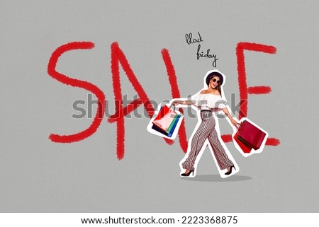 Collage picture of mini walking girl hold shopping packages enjoy limited time only deal sale isolated on creative background