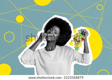 Collage picture of positive girl black white gamma hold eat grape fruit isolated on painted background
