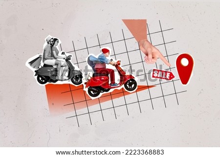 Creative photo 3d collage artwork poster of funny people hurry sale store mall center place destination isolated on painting background
